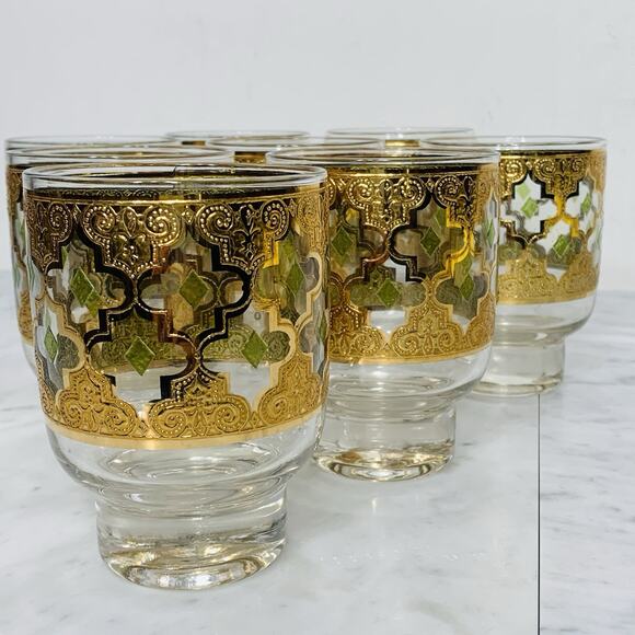 CULVER Valencia 22K Gold Footed Double Old Fashioned Glass Set 8 Vintage MCM EUC - Picture 3 of 10